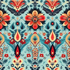 turquoise, coral red, orange, navy blue, cream, folk art, damask pattern, floral motifs, paisley designs, ornamental flowers, bohemian style, decorative swirls, symmetrical repeats, vintage inspired,, fabric panel, boho chic, stylized blooms, intricate details, artistic florals
