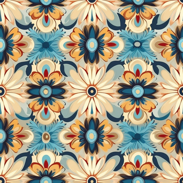 navy blue, cream, orange, teal, burgundy, floral motifs, mandala design, geometric flowers, bohemian style, repeating pattern, symmetrical design, ornate petals, decorative circles, folk art, vintage inspired,, fabric panel, boho chic, artistic florals, medallion pattern