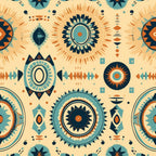 turquoise, orange, cream, navy blue, geometric patterns, mandala designs, sunburst motifs, tribal symbols, southwestern style, bohemian aesthetic, circular medallions, radiating elements, ethnic inspired, folk art,, fabric panel, boho chic, desert colors, ornamental designs, repeating pattern