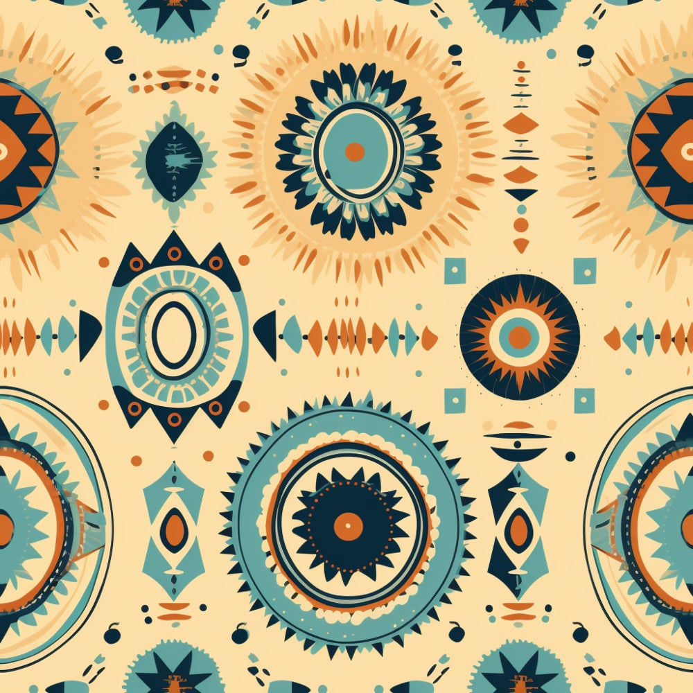 turquoise, orange, cream, navy blue, geometric patterns, mandala designs, sunburst motifs, tribal symbols, southwestern style, bohemian aesthetic, circular medallions, radiating elements, ethnic inspired, folk art,, fabric panel, boho chic, desert colors, ornamental designs, repeating pattern
