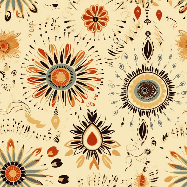 cream background, boho pattern, mandala designs, floral motifs, sun burst, geometric shapes, orange accents, rust red, black details, blue gray, decorative circles, radiating petals, folk art style, bohemian aesthetic,, fabric panel, intricate details, ornamental design, paisley elements, artistic florals