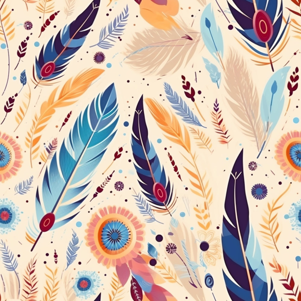 feathers, peacock feathers, boho pattern, tribal design, cream background, navy blue, orange, teal, burgundy, geometric circles, folk art, bohemian style,, fabric panel, decorative motifs, ethnic pattern, colorful design, artistic illustration, southwestern style, native inspired