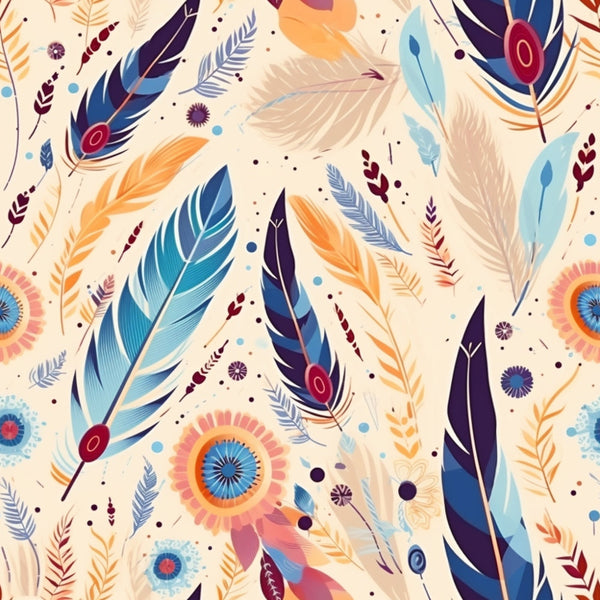 feathers, peacock feathers, boho pattern, tribal design, cream background, navy blue, orange, teal, burgundy, geometric circles, folk art, bohemian style,, fabric panel, decorative motifs, ethnic pattern, colorful design, artistic illustration, southwestern style, native inspired