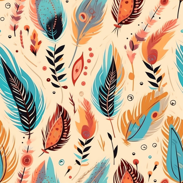feathers, peacock feathers, boho pattern, tribal design, turquoise, coral orange, cream background, black accents, geometric shapes, folk art style, native inspired, decorative motifs, bohemian aesthetic,, fabric panel, southwestern style, ethnic pattern, colorful design, artistic feathers, whimsical illustration