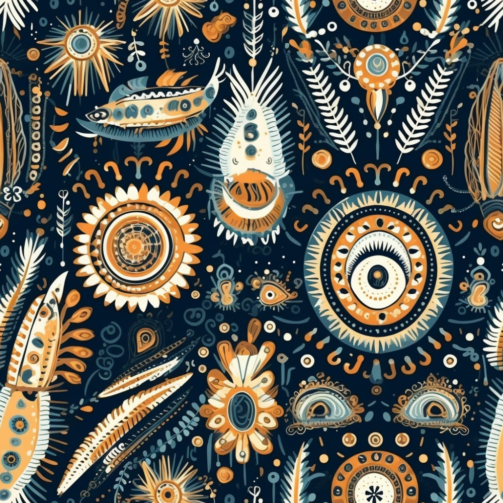 navy blue, burnt orange, cream white, teal, boho pattern, mandala designs, feathers, eyes, sun motifs, tribal art, bohemian style, folk art, geometric circles, paisley elements, mystical symbols,, fabric panel, celestial themes, ethnic patterns, decorative medallions