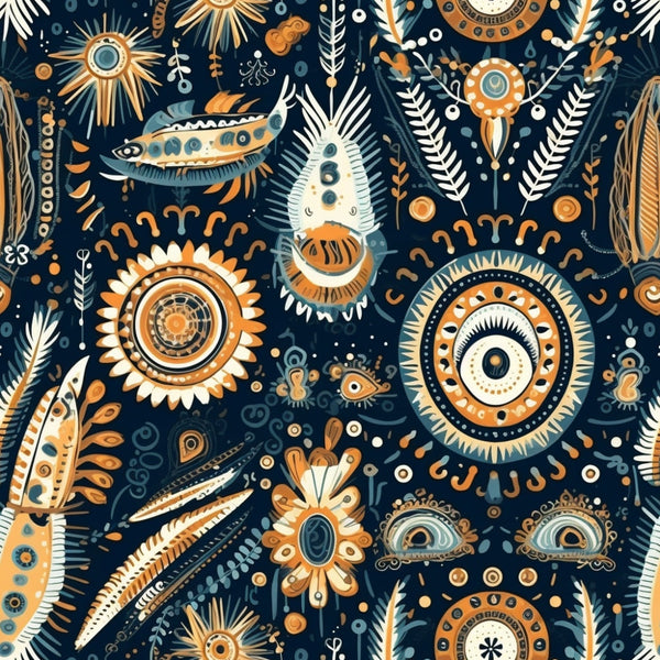 navy blue, burnt orange, cream white, teal, boho pattern, mandala designs, feathers, eyes, sun motifs, tribal art, bohemian style, folk art, geometric circles, paisley elements, mystical symbols,, fabric panel, celestial themes, ethnic patterns, decorative medallions