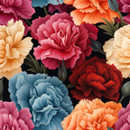 carnation flowers, floral pattern, pink flowers, coral flowers, blue flowers, red flowers, cream flowers, peach flowers, botanical design, layered petals, ruffled blooms, dark background, vibrant colors,, fabric panel, flower garden, realistic florals, dense arrangement, multi-colored blooms, decorative petals
