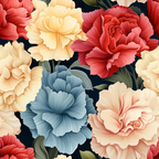 coral pink, cream yellow, dusty blue, deep red, carnation flowers, floral pattern, botanical design, layered petals, ruffled edges, dark background,, fabric panel, romantic style, garden flowers, bloom motif, soft pastels, realistic flowers, dense arrangement, green leaves
