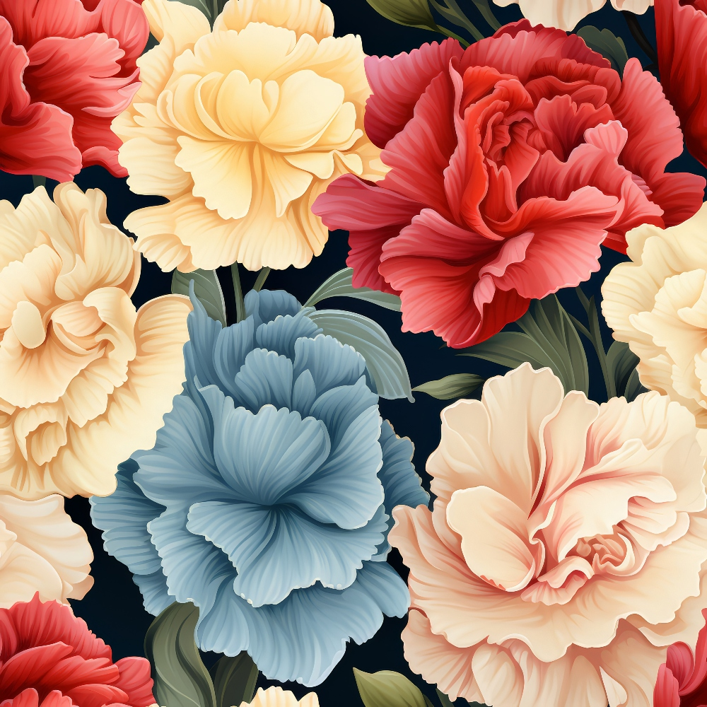 coral pink, cream yellow, dusty blue, deep red, carnation flowers, floral pattern, botanical design, layered petals, ruffled edges, dark background,, fabric panel, romantic style, garden flowers, bloom motif, soft pastels, realistic flowers, dense arrangement, green leaves
