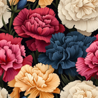 pink carnations, blue carnations, peach carnations, cream carnations, coral flowers, navy blue flowers, floral pattern, botanical design, layered petals, ruffled flowers,, fabric panel, romantic style, garden flowers, blooming carnations, soft pastels, floral arrangement, cotton fabric, quilting material, flower motifs