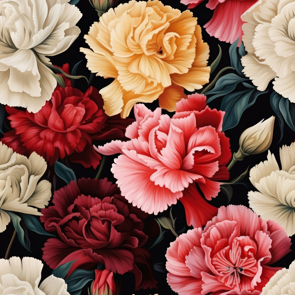 carnation flowers, floral pattern, peach blooms, coral petals, burgundy flowers, cream carnations, pink blossoms, dark red flowers, botanical design, black background,, fabric panel, layered petals, ruffled edges, green leaves, romantic florals, vintage style, repeating pattern, garden flowers, textile design