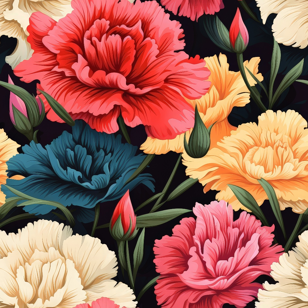floral pattern, carnation flowers, coral pink, navy blue, cream white, peach orange, botanical design, layered petals, green stems,, fabric panel, vibrant colors, blooming flowers, ruffled petals, flower buds, artistic illustration, seamless repeat, colorful blooms, garden flowers
