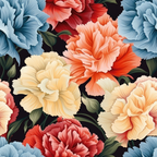 coral, peach, cream, blue, red, burgundy, carnation flowers, floral pattern, botanical design, layered petals, green leaves, dark background,, fabric panel, colorful blooms, vintage style, romantic florals, garden flowers, textile design, seamless pattern