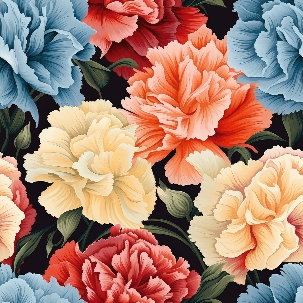 coral, peach, cream, blue, red, burgundy, carnation flowers, floral pattern, botanical design, layered petals, green leaves, dark background,, fabric panel, colorful blooms, vintage style, romantic florals, garden flowers, textile design, seamless pattern