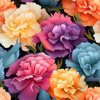 coral, peach, purple, magenta, blue, orange, yellow, carnation flowers, floral pattern, botanical design, layered petals, ruffled blooms,, fabric panel, vibrant colors, garden flowers, spring theme, colorful blossoms, detailed florals, crafting material