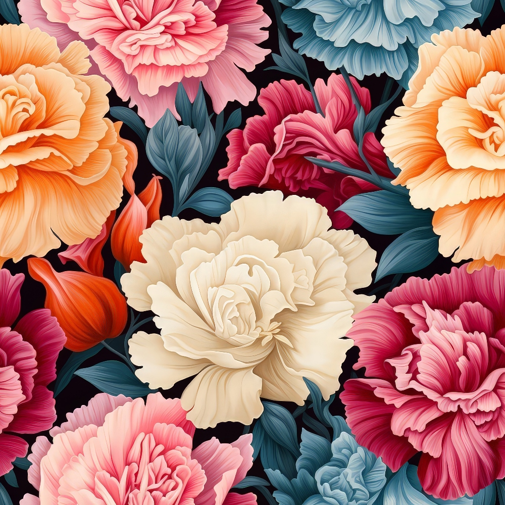 pink carnations, orange carnations, cream carnations, burgundy carnations, teal leaves, floral pattern, botanical design, realistic flowers, layered petals,, fabric panel, blooming flowers, garden blooms, feminine florals, soft pastels, vibrant colors, seamless repeat, detailed illustration, crafting fabric, spring flowers