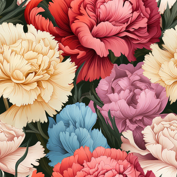 coral, peach, cream, burgundy, blue, pink, carnation flowers, floral pattern, botanical design, layered petals, ruffled blooms, green foliage,, fabric panel, artistic illustration, vibrant colors, garden flowers, seamless repeat, textile design, colorful florals