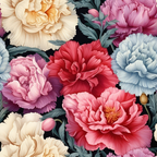 colorful carnations, floral pattern, pink flowers, coral blooms, cream petals, blue carnations, purple flowers, botanical design, ruffled petals, layered blooms, green foliage, black background,, fabric panel, vintage style, romantic florals, garden flowers, detailed illustration, spring blooms