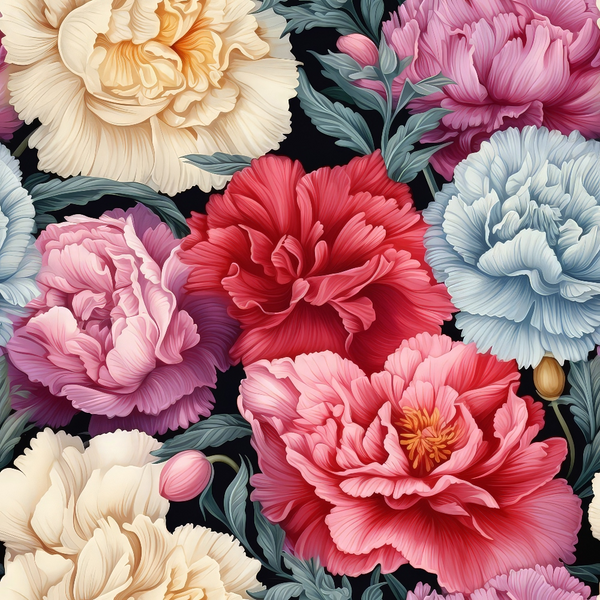 colorful carnations, floral pattern, pink flowers, coral blooms, cream petals, blue carnations, purple flowers, botanical design, ruffled petals, layered blooms, green foliage, black background,, fabric panel, vintage style, romantic florals, garden flowers, detailed illustration, spring blooms