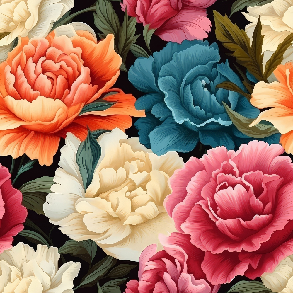 coral, teal blue, pink, cream, peach, black background, carnation flowers, floral pattern, layered petals, green leaves, botanical design,, fabric panel, vibrant colors, seamless repeat, detailed illustration, realistic flowers, blooming carnations, decorative fabric, crafting material