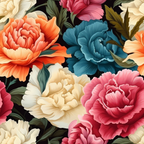 coral, teal blue, pink, cream, peach, black background, carnation flowers, floral pattern, layered petals, green leaves, botanical design,, fabric panel, vibrant colors, seamless repeat, detailed illustration, realistic flowers, blooming carnations, decorative fabric, crafting material