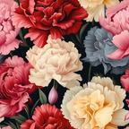 carnation flowers, floral pattern, pink blooms, red flowers, cream petals, yellow carnations, gray blossoms, botanical design, ruffled petals, layered flowers, dark background,, fabric panel, romantic florals, garden flowers, soft pastels, vintage style, repeating pattern, textile design, sewing material
