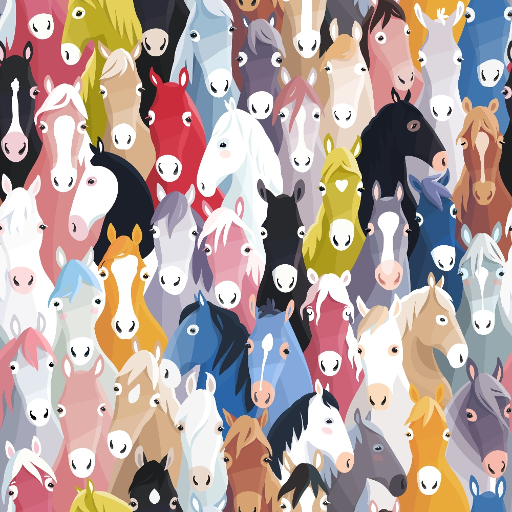 horses, cartoon style, colorful, multicolored, pink, blue, red, yellow, white, black, brown, orange, purple,, fabric panel, horse heads, equestrian, whimsical, playful, clustered pattern, animal faces, manes, bright colors, overlapping design