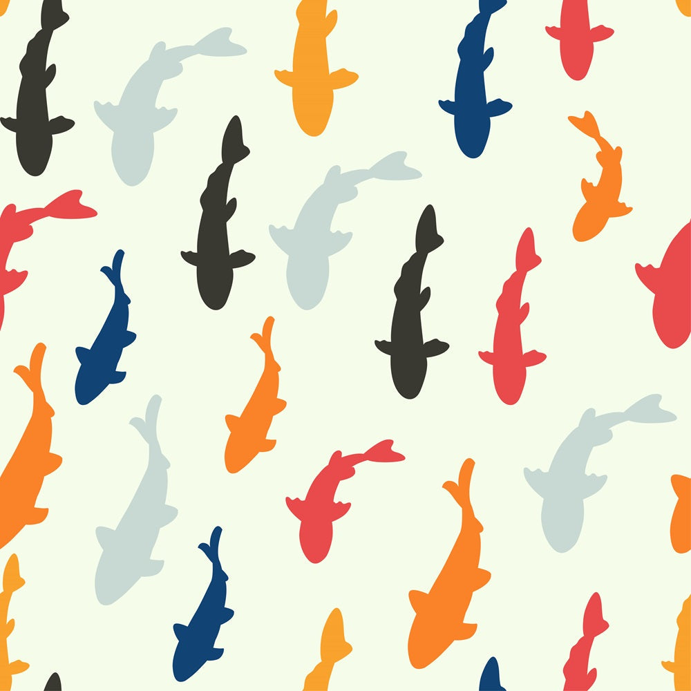 colorful fish, swimming fish, koi fish, orange fish, blue fish, red fish, black fish, gray fish, aquatic pattern, underwater theme, marine life, fish silhouettes, scattered design, playful pattern,, fabric panel, ocean creatures, swimming motif, multi-colored design, water animals