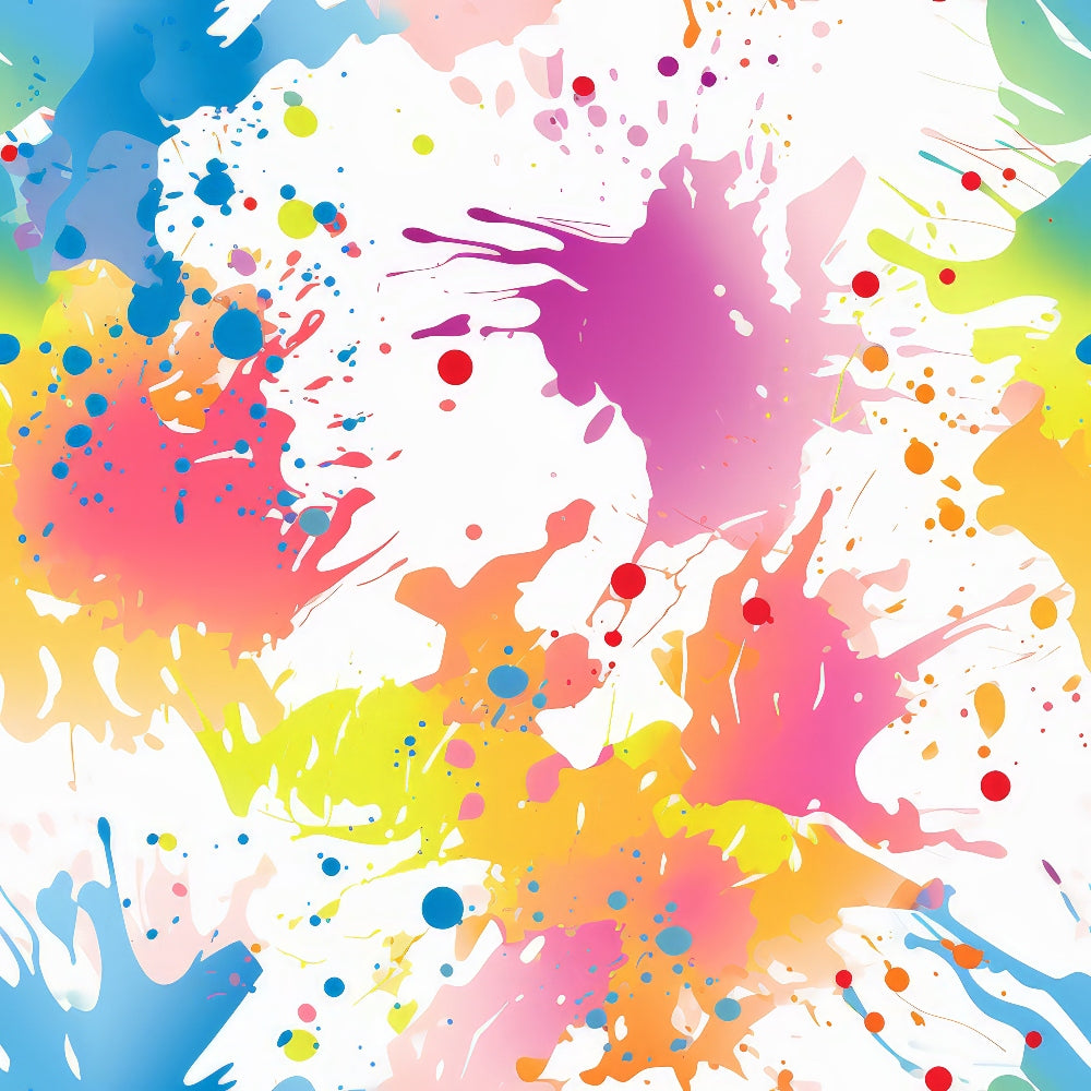 paint splashes, colorful abstract, blue, pink, yellow, orange, purple, green, white background, watercolor style, artistic splatters, vibrant colors, modern design,, fabric panel, contemporary art, rainbow palette, creative pattern, splatter effect, bright hues