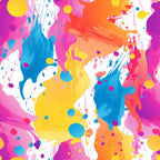 vibrant colors, paint splashes, abstract pattern, blue splashes, yellow paint, pink drips, orange splatters, purple drops, magenta colors, turquoise blue, bright yellow, hot pink, paint drips, artistic design, modern art, colorful dots, fluid paint, splatter art,, fabric panel, contemporary style, energetic mood, rainbow colors, paint drops