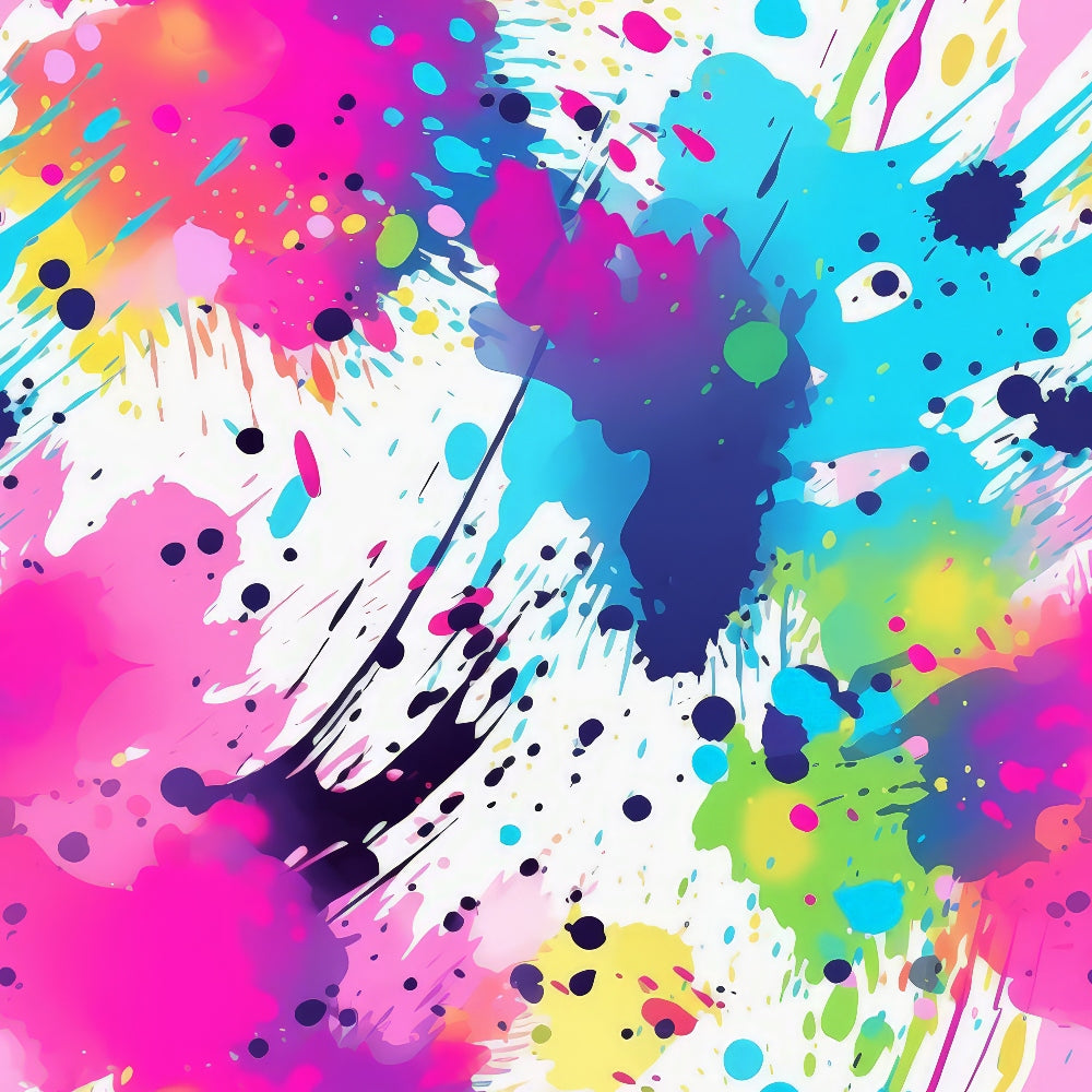 paint splashes, abstract art, vibrant colors, hot pink, turquoise blue, lime green, yellow, purple, magenta, navy blue, splatters, drips, artistic brushstrokes, modern design, energetic pattern,, fabric panel, contemporary style, colorful explosion, dynamic movement