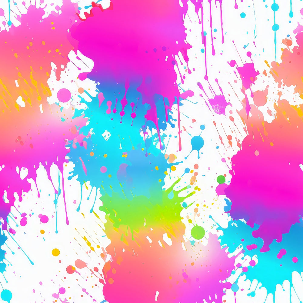Abstract art with vibrant splashes of pink, blue, green, and orange on a white background.