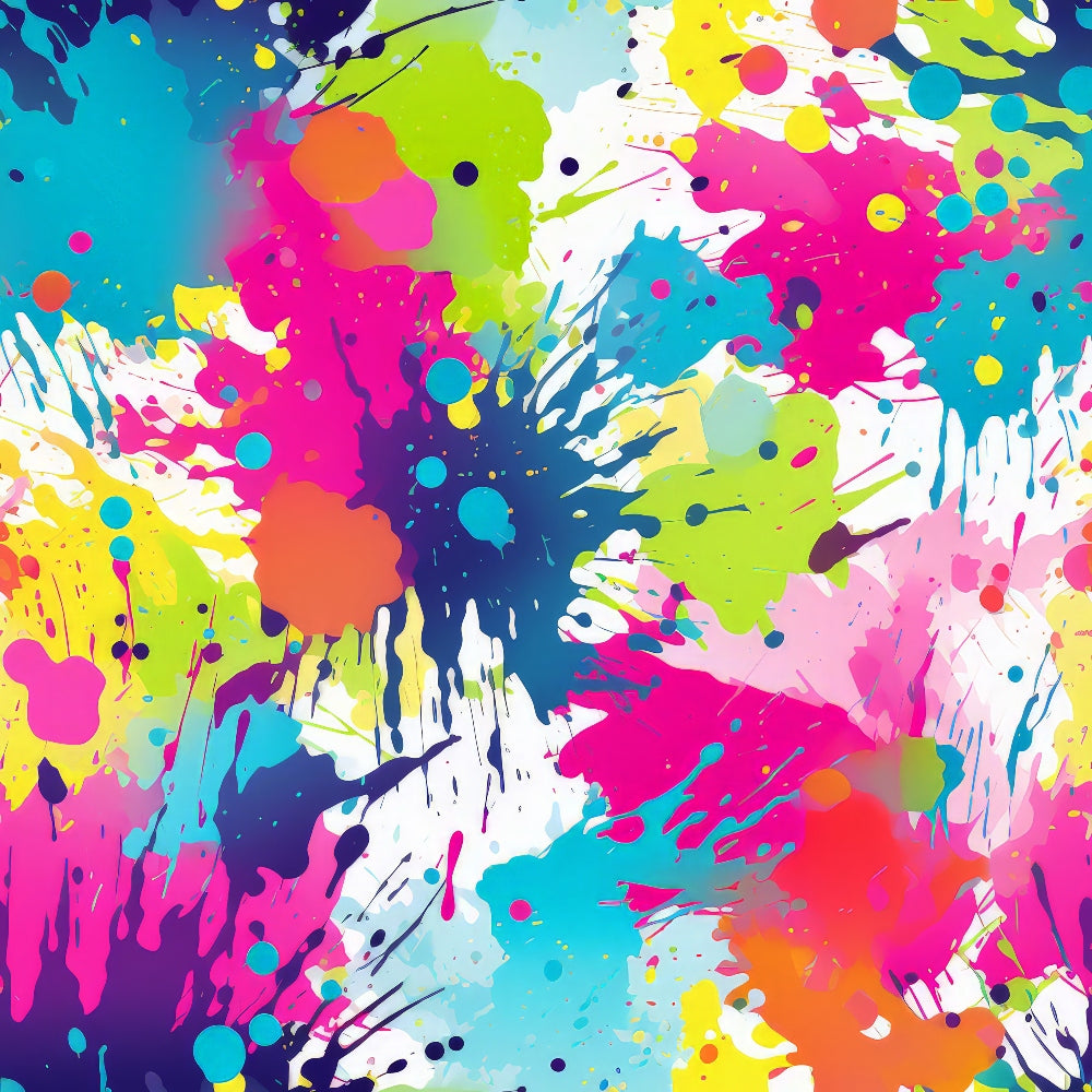 paint splashes, colorful splatters, abstract art, bright pink, electric blue, lime green, sunny yellow, orange accents, purple drips, white background, messy paint, artistic chaos, vibrant colors, modern art style, energetic pattern,, fabric panel, paint drips, scattered dots, playful design