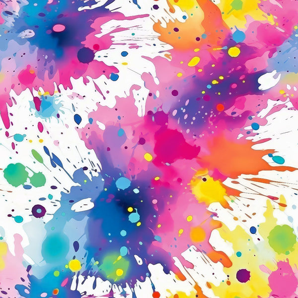 vibrant colors, paint splashes, abstract art, rainbow colors, pink, purple, blue, yellow, orange, turquoise, magenta, colorful splatters, modern design, artistic pattern,, fabric panel, contemporary style, paint drips, multicolored, bright hues