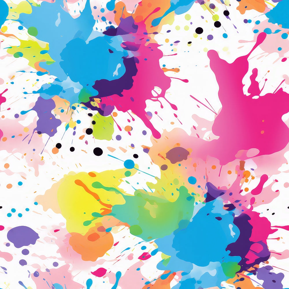 colorful paint splashes, abstract pattern, bright colors, pink splatter, blue paint, yellow drops, purple blotches, green accents, orange spots, white background, artistic design, modern art style, paint drips, color explosion, vibrant hues,, fabric panel, contemporary pattern, playful design, rainbow colors