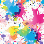 colorful paint splashes, abstract pattern, bright colors, pink splatter, blue paint, yellow drops, purple blotches, green accents, orange spots, white background, artistic design, modern art style, paint drips, color explosion, vibrant hues,, fabric panel, contemporary pattern, playful design, rainbow colors