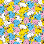 A pattern featuring yellow, blue, pink, and white cartoon rubber ducks, overlapping and facing various directions.