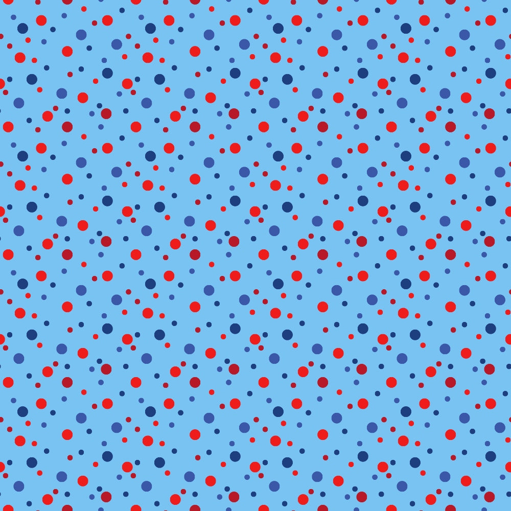 red dots, blue dots, navy dots, light blue background, polka dots, confetti pattern, scattered circles, geometric design,, fabric panel, random placement, multi-sized dots, playful pattern, bright colors, contemporary style, coordinating colors, small scale print