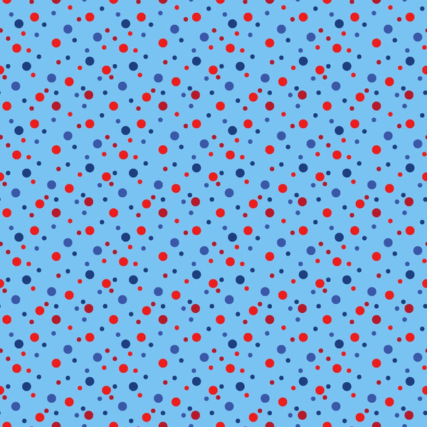 red dots, blue dots, navy dots, light blue background, polka dots, confetti pattern, scattered circles, geometric design,, fabric panel, random placement, multi-sized dots, playful pattern, bright colors, contemporary style, coordinating colors, small scale print