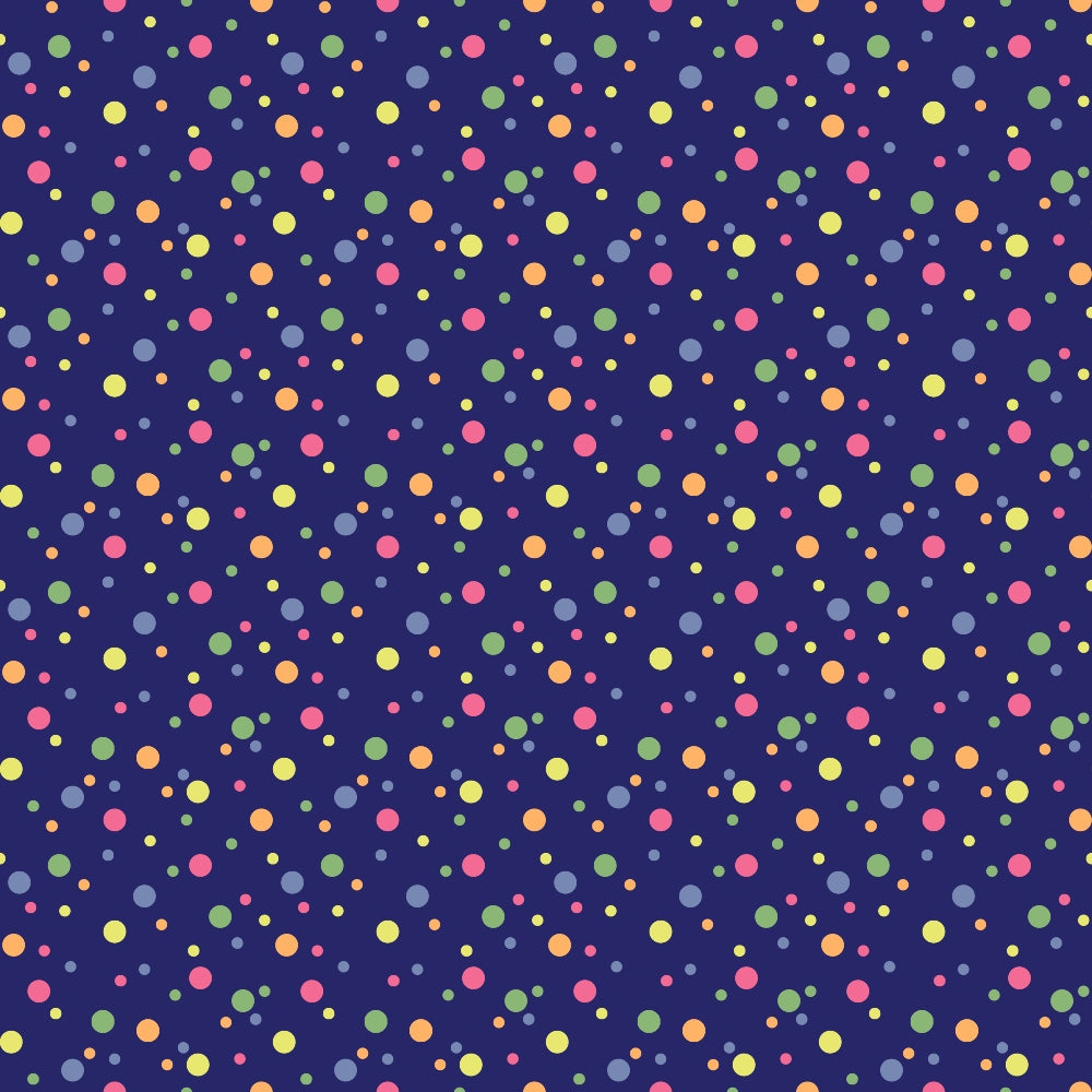 navy blue background, multicolored dots, confetti pattern, scattered circles, yellow dots, pink dots, green dots, orange dots, purple dots,, fabric panel, polka dots, geometric design, cheerful pattern, bright colors, random placement, circular motifs, colorful spots, festive design, playful pattern