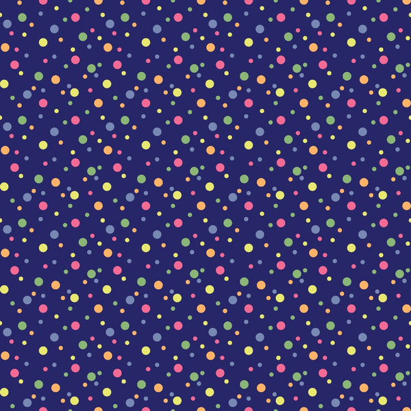 navy blue background, multicolored dots, confetti pattern, scattered circles, yellow dots, pink dots, green dots, orange dots, purple dots,, fabric panel, polka dots, geometric design, cheerful pattern, bright colors, random placement, circular motifs, colorful spots, festive design, playful pattern