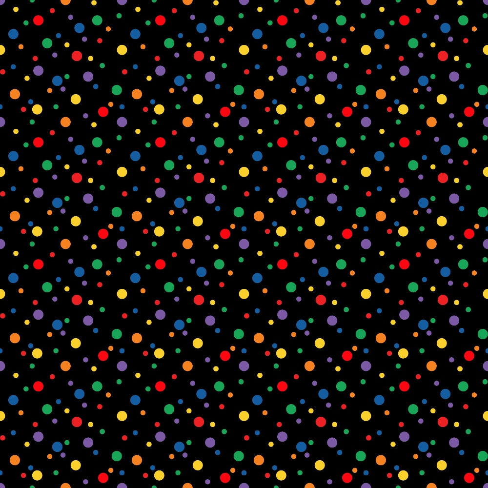 confetti dots, multicolored circles, black background, rainbow colors, red dots, blue dots, yellow dots, green dots, orange dots, purple dots, scattered pattern, polka dots, festive design, celebration theme, geometric pattern,, fabric panel, bright colors, party theme, cheerful mood