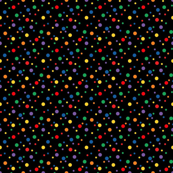 confetti dots, multicolored circles, black background, rainbow colors, red dots, blue dots, yellow dots, green dots, orange dots, purple dots, scattered pattern, polka dots, festive design, celebration theme, geometric pattern,, fabric panel, bright colors, party theme, cheerful mood
