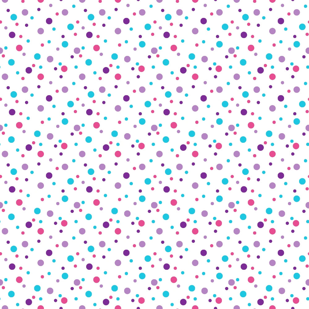 confetti dots, polka dots, scattered circles, purple dots, magenta dots, cyan dots, lavender dots, multi-colored spots, geometric pattern, playful design, whimsical style, cheerful mood,, fabric panel, random placement, bright colors, fun pattern, crafting material, sewing fabric, colorful dots