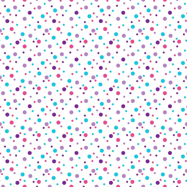confetti dots, polka dots, scattered circles, purple dots, magenta dots, cyan dots, lavender dots, multi-colored spots, geometric pattern, playful design, whimsical style, cheerful mood,, fabric panel, random placement, bright colors, fun pattern, crafting material, sewing fabric, colorful dots