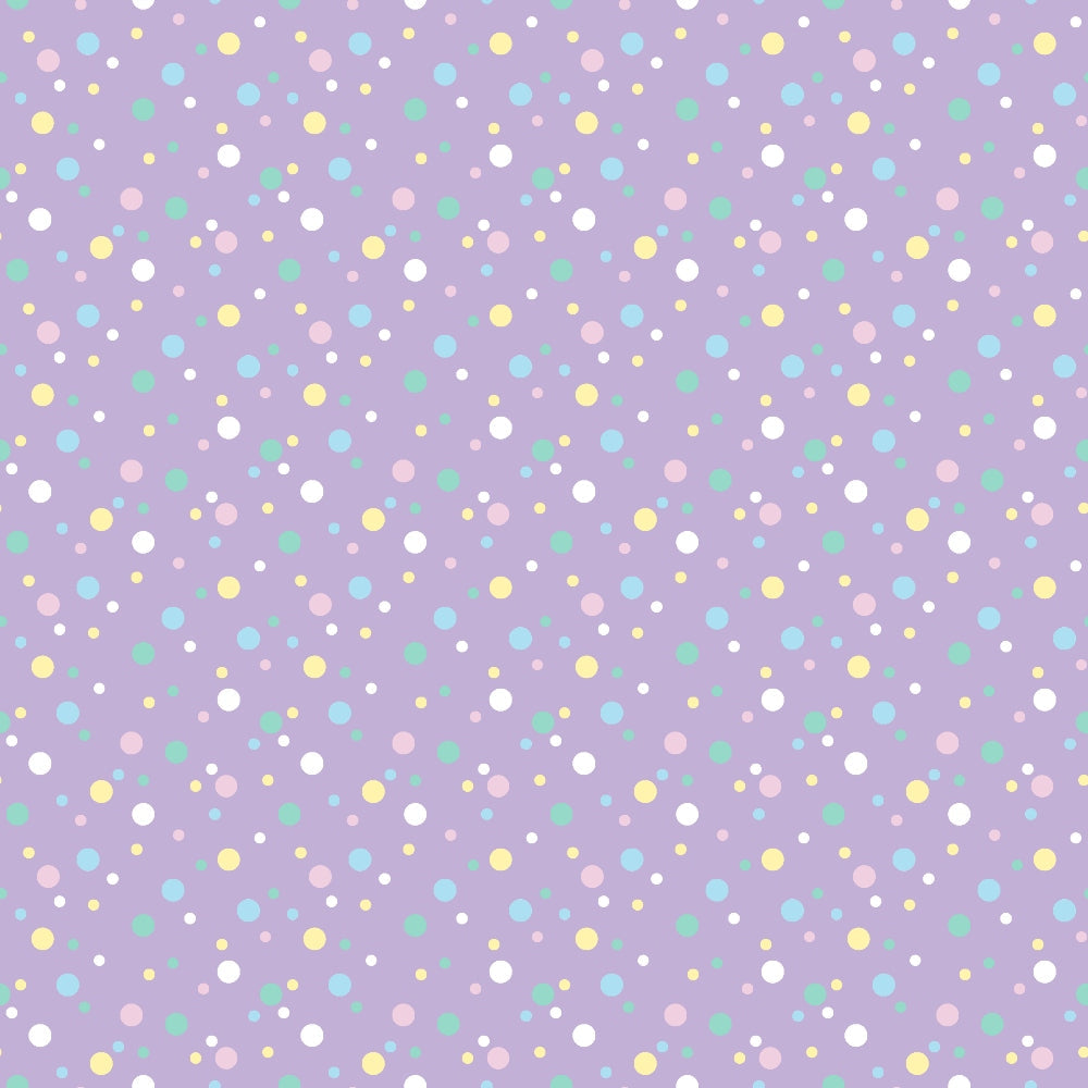 lavender background, pastel dots, confetti pattern, scattered circles, white dots, yellow dots, pink dots, mint green dots, turquoise dots, polka dot design, geometric pattern, whimsical style,, fabric panel, cheerful mood, playful design, random placement, multi-colored spots, soft pastels