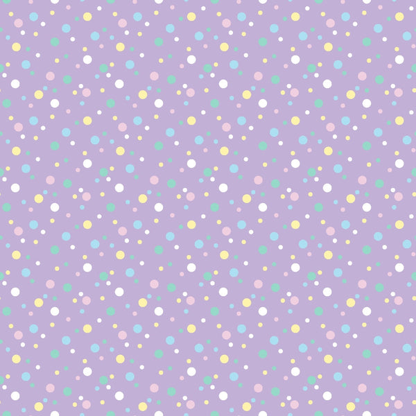 lavender background, pastel dots, confetti pattern, scattered circles, white dots, yellow dots, pink dots, mint green dots, turquoise dots, polka dot design, geometric pattern, whimsical style,, fabric panel, cheerful mood, playful design, random placement, multi-colored spots, soft pastels