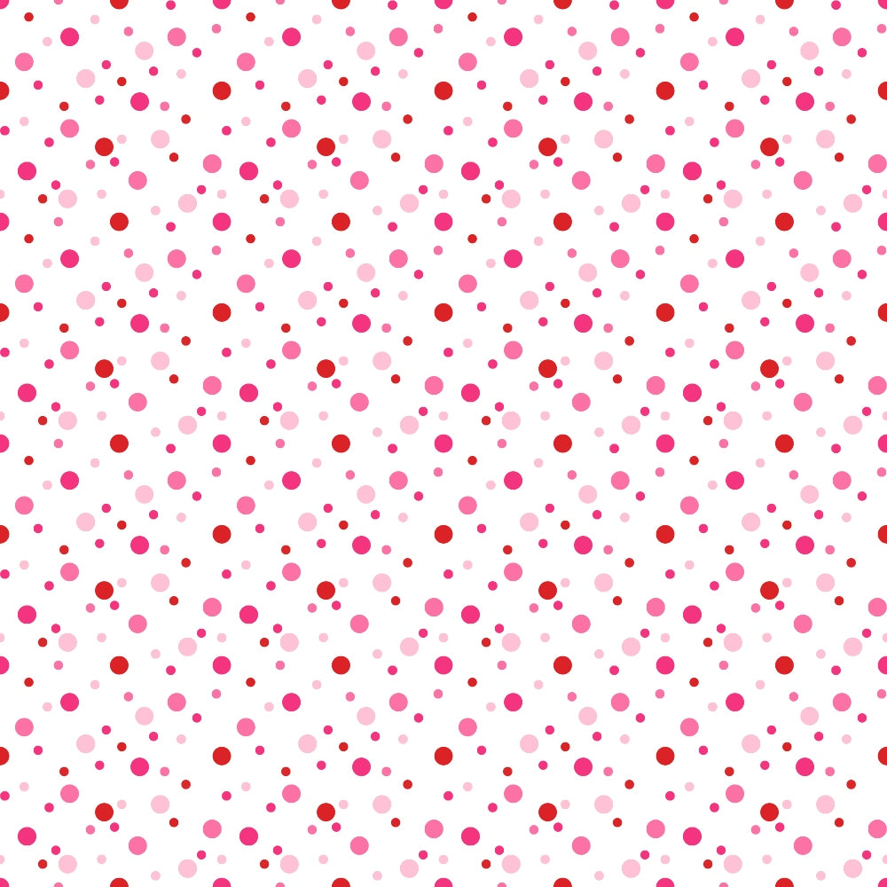 polka dots, confetti pattern, pink dots, red dots, magenta dots, light pink, scattered dots, random placement, playful design, geometric pattern,, fabric panel, cheerful mood, bright colors, circular shapes, small dots, medium dots, white background, modern pattern, crafting fabric