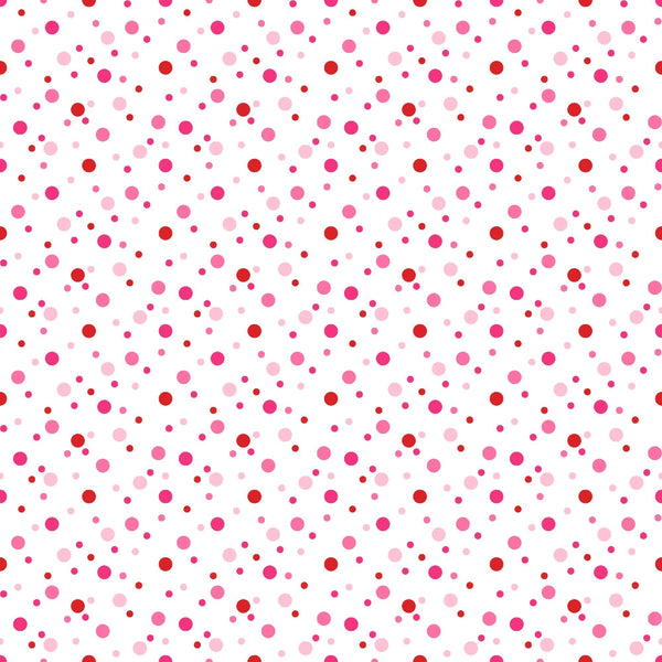 polka dots, confetti pattern, pink dots, red dots, magenta dots, light pink, scattered dots, random placement, playful design, geometric pattern,, fabric panel, cheerful mood, bright colors, circular shapes, small dots, medium dots, white background, modern pattern, crafting fabric