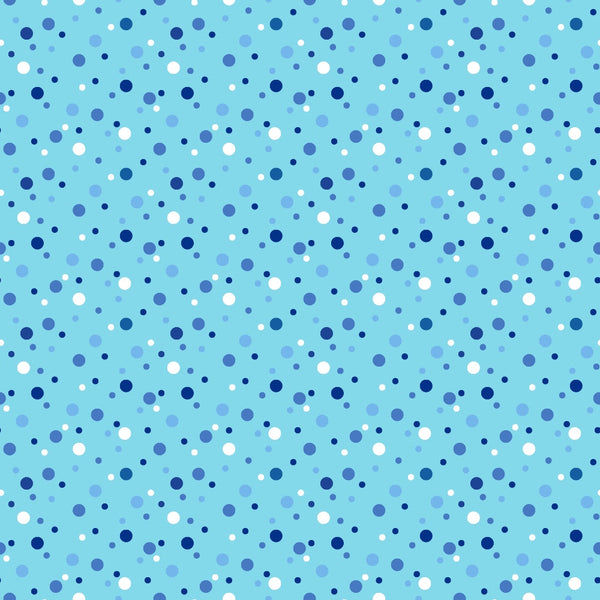 aqua blue, navy blue, light blue, white, polka dots, confetti dots, scattered circles, geometric pattern, random placement, cheerful mood,, fabric panel, ocean colors, sky blue, playful design, dot pattern, circular motifs, varying sizes, seamless repeat, contemporary style